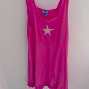 Cotton summer dress pink with pearl starfish embellishment and ruffle bottom